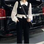Mock Two-piece Heart Embroidered Shirt / Wide Leg Pants / Set
