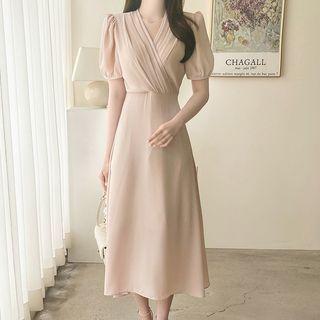 Pintuck A-line Midi Wrap Dress