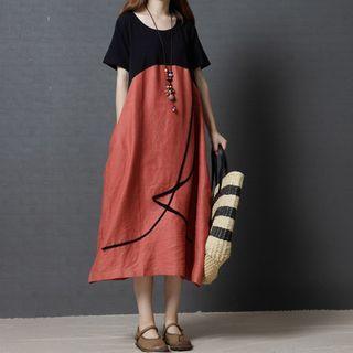 Short-sleeve Paneled Midi A-line Linen Dress