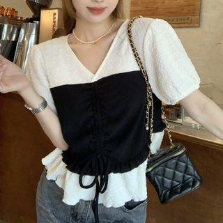 Mock Two-piece Puff-sleeve Drawstring Blouse Blouse - Panel - Black & White - One Size