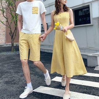 Couple Matching Short-sleeve T-shirt / Shorts / Sleeveless Gingham Midi Dress