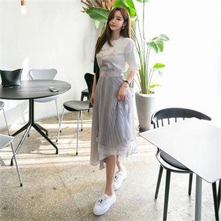 Laced Pleat-panel Asymmetric Long Skirt Gray - One Size