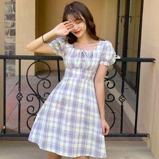 Puff-sleeve Square-neck Plaid Mini A-line Dress