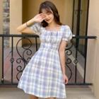 Puff-sleeve Square-neck Plaid Mini A-line Dress
