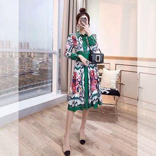 Long-sleeve Floral Printed Buttoned A-line Dress