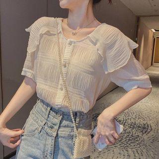 Short-sleeve Lettuce Edge Plain Blouse