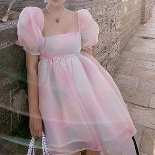 Puff-sleeve Tie-dyed Mesh Mini A-line Dress