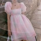 Puff-sleeve Tie-dyed Mesh Mini A-line Dress
