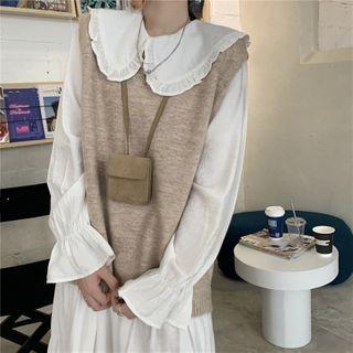 Ruffle Trim Collar Midi A-line Dress / Knit Vest