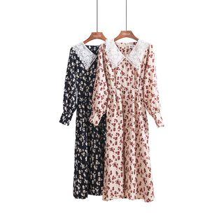 Mesh-collar Floral Chiffon Dress