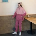 Set: Color Block Zip Jacket + Sweatpants Set - Pink - One Size