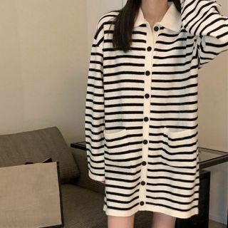 Long-sleeve Striped Knit Mini Collared Dress Stripe - White - One Size