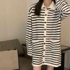 Long-sleeve Striped Knit Mini Collared Dress Stripe - White - One Size