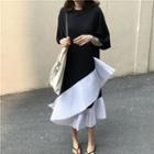 Asymmetric Hem Elbow-sleeve Midi T-shirt Dress