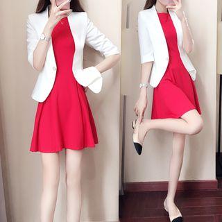Elbow-sleeve Slim-fit Blazer / Plain A-line Dress / Set