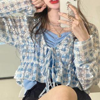 Spaghetti Strap Top / Plaid Jacket / Mini A-line Skirt