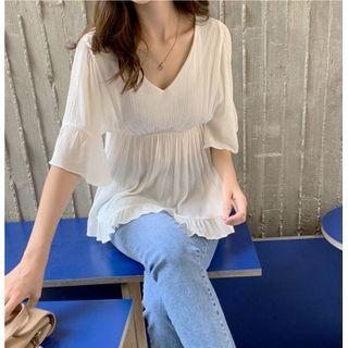 V-neck Bell-sleeve Peplum Blouse Ivory - One Size