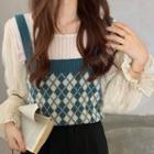 Argyle Sweater Vest / Bell-sleeve Blouse