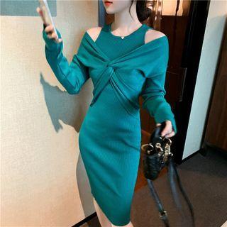 Set: Sleeveless Knit Sheath Dress + Wrap Cropped Sweater