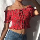 Short-sleeve Smocked Lace-up Crop Top