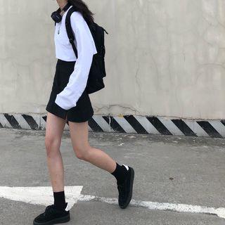 Plain Long-sleeve T-shirt / High Waist Mini Skirt