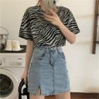 Zebra Print Short-sleeve T-shirt / Denim Mini A-line Skirt