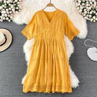 V-neck Eyelet Oversized Dress Curcumin - One Size