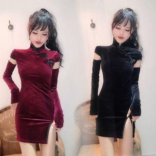 Cap-sleeve Corduroy Qipao