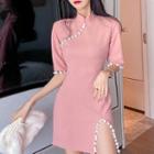 Short-sleeve Fringed Mini Qipao Dress