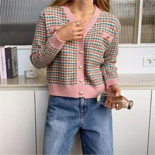 V-neck Tweed Cardigan Pink - One Size