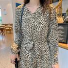 Long-sleeve Leopard Print Midi Chiffon Dress