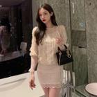 Long-sleeve Sequined Blouse / High-waist Slim Fit Lace Skirt