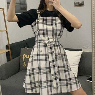Mock Two-piece Short-sleeve Mini Plaid Dress White - One Size