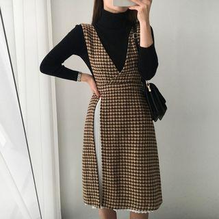 Set: Turtleneck Long-sleeve Knit Top + V-neck Plaid Pinafore Dress