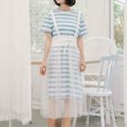 Set: Short-sleeve Striped T-shirt Dress + Sheer Midi Jumper Skirt
