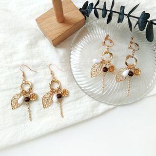 Resin Bead Metal Rose & Leaf Fringed Earring