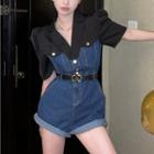Short-sleeve Two Tone Denim Romper