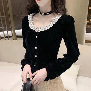 Long-sleeve Lace Trim Velvet Blouse Black - One Size