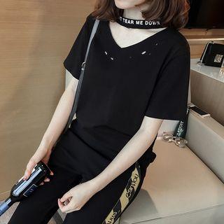 Ripped V-neck Short-sleeve T-shirt
