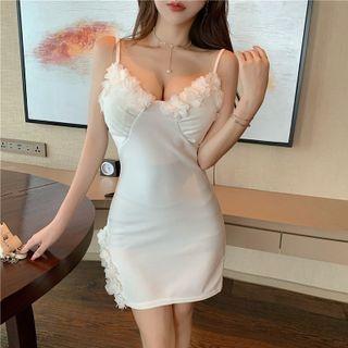 Spaghetti-strap Flower Applique Mini Sheath Dress