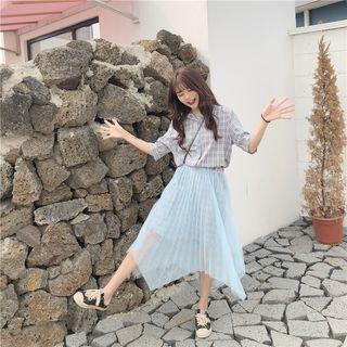 Set: Elbow-sleeve Plaid Shirt Dress + Sheer Midi Skirt