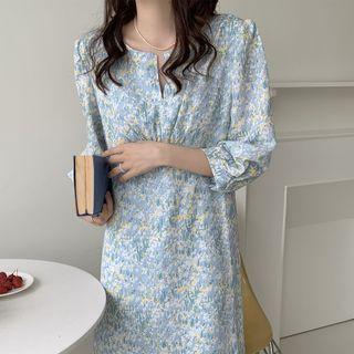 3/4-sleeve Floral Midi Dress Blue - One Size