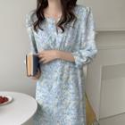 3/4-sleeve Floral Midi Dress Blue - One Size