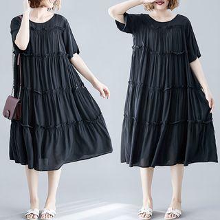 Plain Panel Wood Ear Trim Short-sleeve Dress Black - L