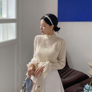 Mock-neck Frill-trim Crinkled Blouse