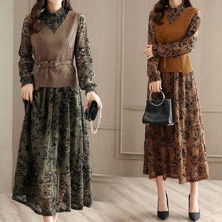 Set: Lace Long-sleeve Midi A-line Dress + Plain V-neck Vest