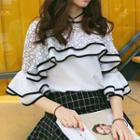 Elbow-sleeve Perforated Panel Chiffon Top