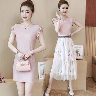 Set: Cap-sleeve Sheath Dress + Sheer Panel Midi Skirt