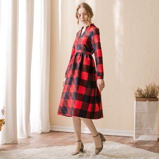 Long-sleeve V-neck Check Dress