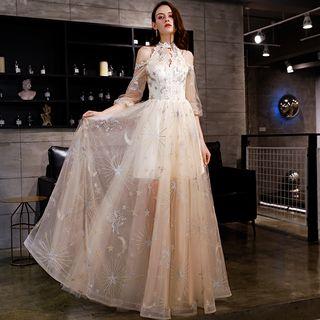Cold Shoulder Lace Trim Embroidered Mesh Evening Gown